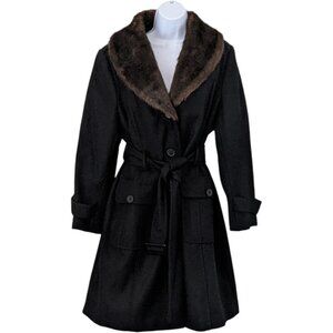 Donna Salyers Fabulous~Furs - Black Belted  Wool Coat with Faux Fur Collar